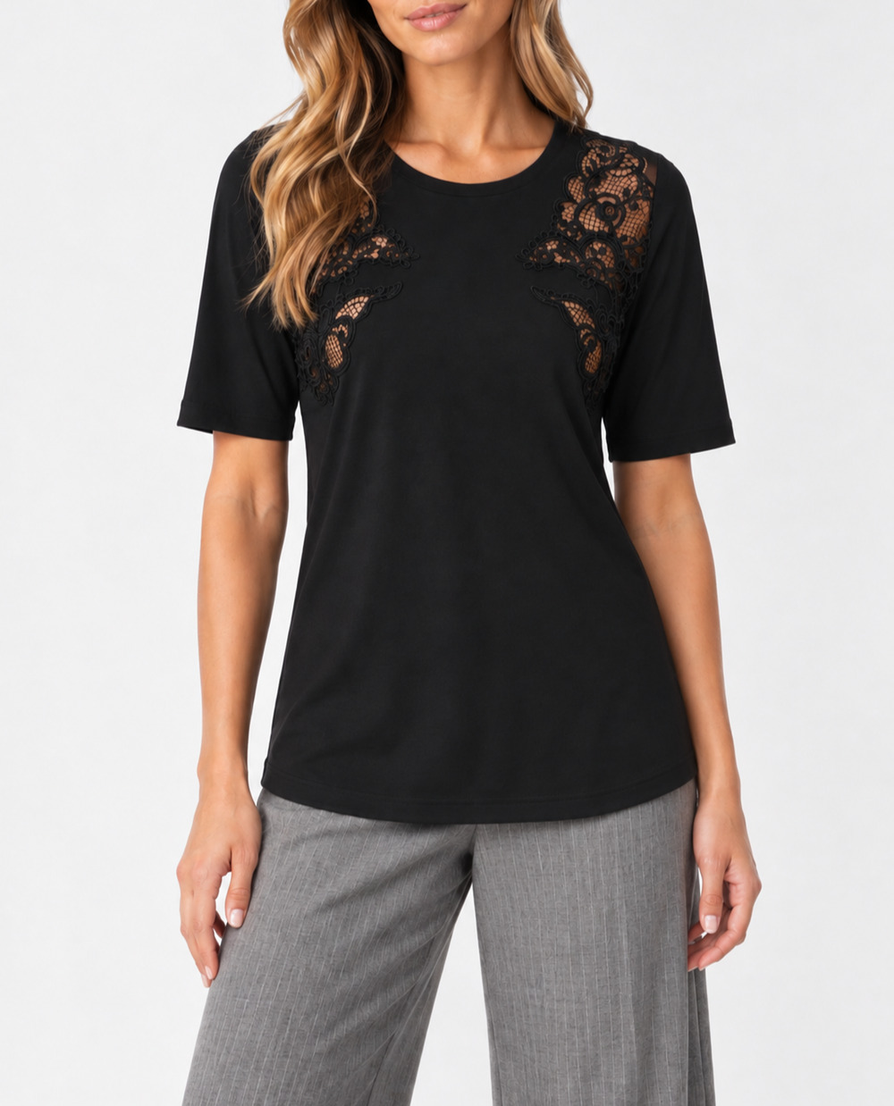 Gucci Black Silk Lace Panel Short Sleeve GG Logo Blouse Top Size Medium Italy